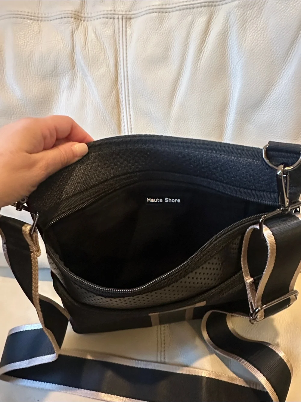 HAUTE SHORE Black Crossbody with Tan Striped Strap and Accents